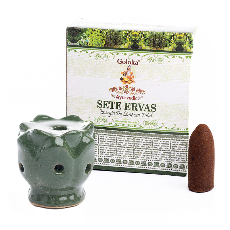 Kit Incensário Indiano Cascata Verde e Incenso Sete Ervas