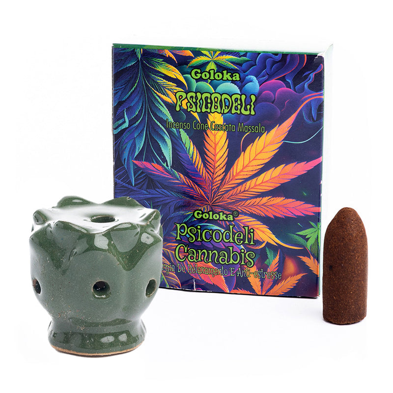 Kit Incensário Indiano Cascata Verde e Incenso Psychedelic Cannabis